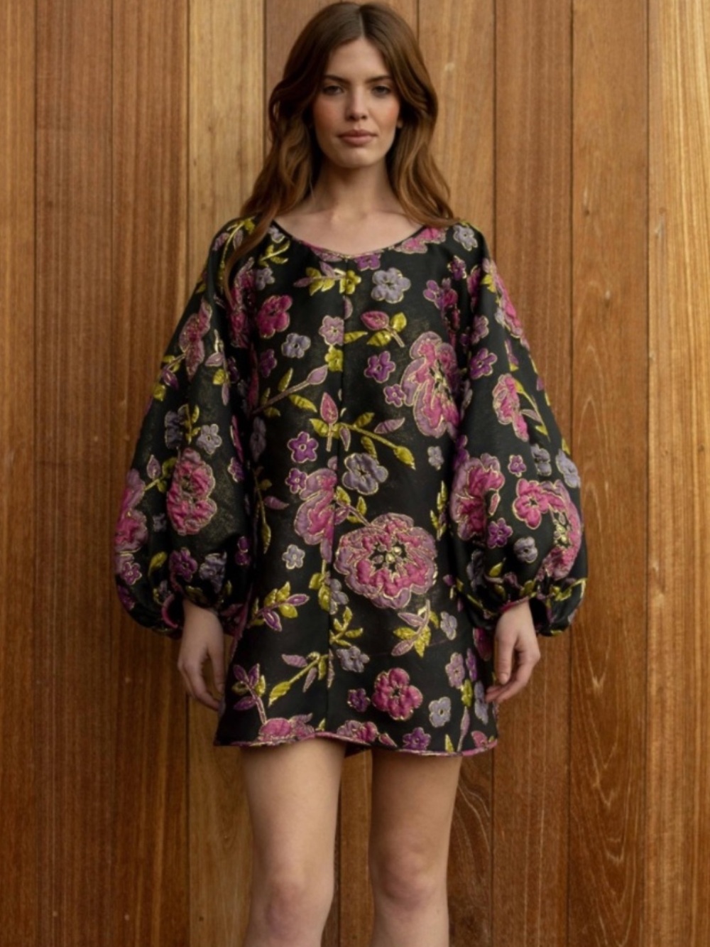 Arianne Black Mini Dress with Pink Floral Embroidery